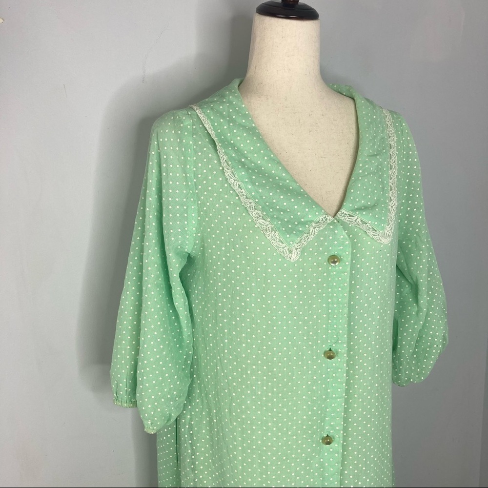 Vintage Green Polka Dot Long Button Front House Coat Night Gown - Picture 3 of 7